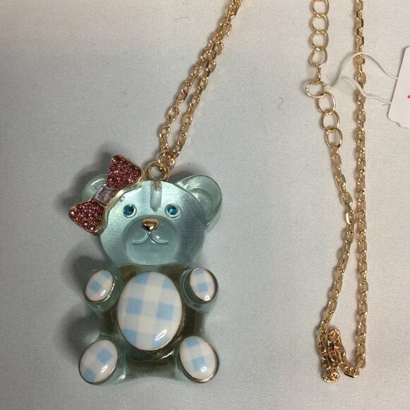 NWT BETSEY JOHNSON LIGHT BLUE GUMMY PINK BOW GOLD TONE CHAIN - Picture 2 of 7